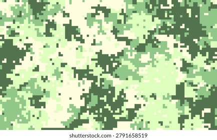 Abstract pixelated camouflage pattern in shades of green and beige.  Perfect for backgrounds, textures, or militarythemed designs.  Evokes a sense of concealment and nature.
