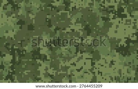 Abstract pixelated camouflage pattern in shades of green.  Perfect for backgrounds, textures, or militarythemed designs.  Conveys a sense of concealment and strategic planning.