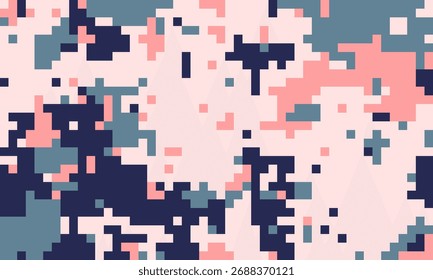 Padrão de camuflagem pixelado abstrato em rosa macio, azul escuro e azul marinho.  Ideal para moda, design digital e fundos modernos.