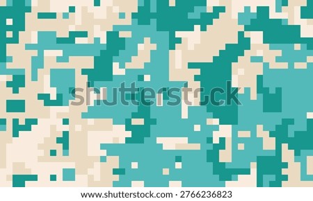 Abstract pixelated camouflage pattern in teal and beige.  Ideal for backgrounds, textiles, or digital designs.  Modern, stylish, and versatile, this image evokes a sense of concealment and mystery.