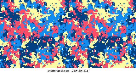 Abstract pixelated camouflage pattern in vibrant pink, blue, and yellow hues.  Perfect for fashion, textiles, and digital designs.  A bold, modern take on a classic motif.