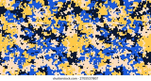 Padrão de camuflagem pixelada abstrata em amarelo vibrante, azul e preto.  Ideal para designs de moda, têxteis ou digitais evoca energia, movimento e estilo moderno.