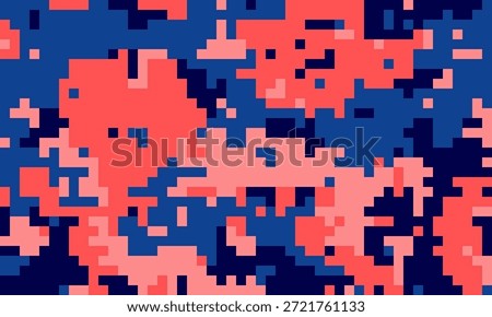 Abstract pixelated camouflage pattern in vibrant coral, navy, and dark blue.  Ideal for fashion, tech, or gaming designs, representing concealment, digital disruption, or modern aesthetics.