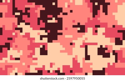 Abstract pixelated camouflage pattern in warm coral and dark brown tones.  Ideal for backgrounds, textiles, and digital designs.