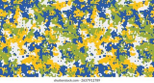 Abstract pixelated camouflage pattern in yellow, green, blue, and white.  Ideal for fashion, textile design, and digital backgrounds.