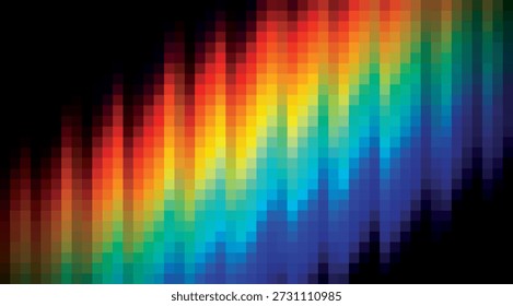 Abstract pixelated color spectrum displaying a vibrant gradient of rainbow hues in dynamic diagonal rectangular shapes, ideal for modern digital backgrounds and creative design projects