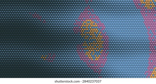 Abstract pixelated design featuring vibrant LED dots in blue, pink, purple, and yellow shades for digital art or background use.