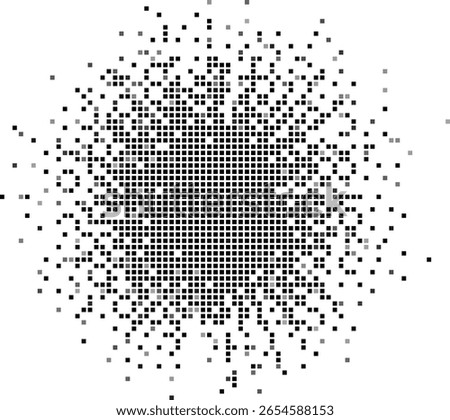 Abstract pixelated explosion effect with scattered black and gray squares on a white background