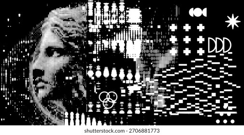 Abstrato face pixelada e formas geométricas caóticas sobre um fundo preto. Ilustração vetorial conceitual para inteligência artificial, aprendizagem profunda, processamento de dados e transformação neural.
