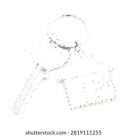 Abstract pixelated figure holding a magnifying glass and a small house, conceptual design for real estate or investigation.