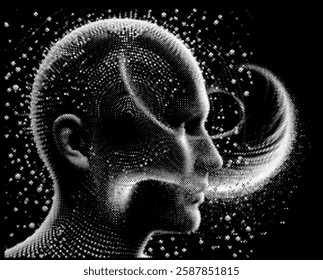 Abstract, pixelated human face in grayscale on a black background. The scattered dots form a detailed, digital texture, giving the artwork a modern, futuristic feel with a hint of mystery.