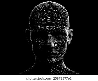 Abstract, pixelated human face in grayscale on a black background. The scattered dots form a detailed, digital texture, giving the artwork a modern, futuristic feel with a hint of mystery.