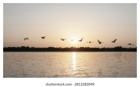 Abstract pixelated image of birds flying over a calm body of water during sunset, with the sun reflecting on the surface and horizontal line distortions.