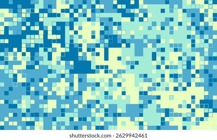 Abstract pixelated mosaic in calming blues and pale yellows.  Perfect for tech, website backgrounds, or modern design projects conveying concepts of data, technology, or digital camouflage.