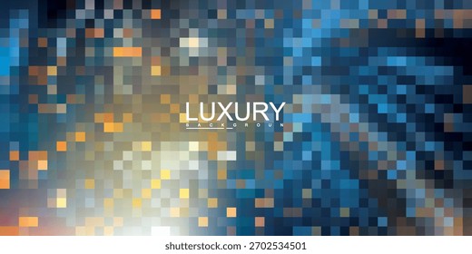 Abstrato mosaico pixelado com um gradiente de tons de azul e ouro, criando um efeito borrado e luxuoso.