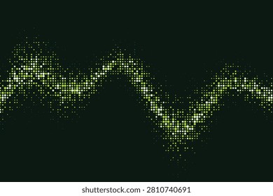 Abstract pixelated neon wave pattern on black background, pixelart green