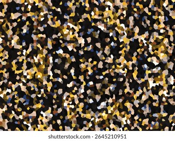 an abstract, pixelated pattern resembling a mosaic or confetti. It features a dark background densely covered with irregular shapes in shades of yellow, gold, brown, and light blue.