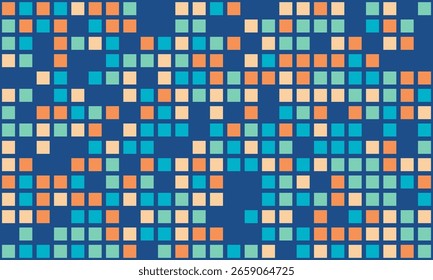 Abstractas patrón pixelado en verde azulado, naranja y beige sobre un fondo azul marino.  Perfecto para Anuncios de Sitio web, presentaciones de tecnología o proyectos de diseño moderno.