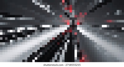 Uma representação abstrata, em pixels, das luzes da cidade e do tráfego, criando um efeito dinâmico e embaçado do movimento e da energia urbana.