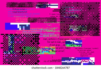 Abstract pixelated retro background in 8-bit retrowave style. Conceptual illustration of steganography.