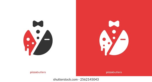 Abstract Pizza Butler Logo. Slice of Pizza and Waiter Suit Graphic Icon. Pizzeria Logo Design Template.