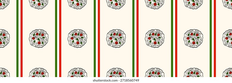 Abstrato pizza fatia fundo sem costura com detalhes de esboço elegante e caráter cozinha italiana. Adequado para decoração de restaurantes, marca de alimentos e projetos de padrões repetidos.