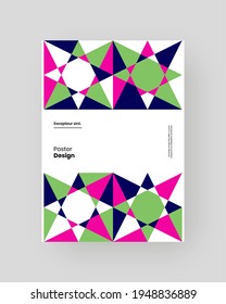 Abstract Placard, Poster, Flyer, Banner Design. Colorful illustration on vertical A4 format. Flat and 3d geometric shapes. Decorative ornament backdrop.