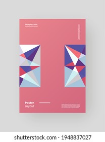 Abstract Placard, Poster, Flyer, Banner Design. Colorful illustration on vertical A4 format. Flat and 3d geometric shapes. Decorative ornament backdrop.