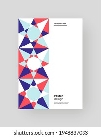 Abstract Placard, Poster, Flyer, Banner Design. Colorful illustration on vertical A4 format. Flat and 3d geometric shapes. Decorative ornament backdrop.