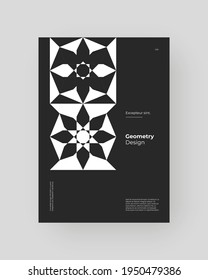 Abstract Placard, Poster, Flyer, Banner Design. Black and white illustration on vertical A4 format. Flat and geometric shapes. Decorative ornament backdrop.