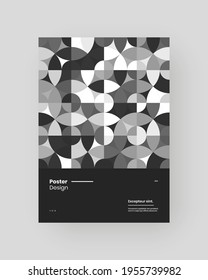 Abstract Placard, Poster, Flyer, Banner Design. Black and white illustration on vertical A4 format. Flat and geometric shapes. Decorative ornament backdrop.