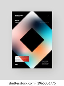 Abstract Placard, Poster, Flyer, Banner Design. Colorful gradient on vertical A4 format. Glass effect. Decorative neumorphism backdrop. Gradient glassmorphism shape on black background