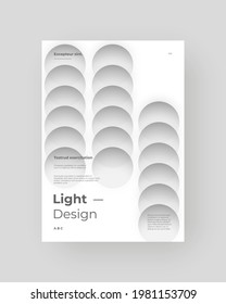 Abstract Placard, Poster, Flyer, Banner Design. Colorful illustration on vertical A4 format. 3d geometric shapes. Decorative neumorphism circles backdrop.