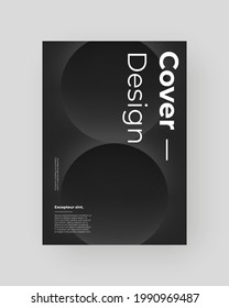 Abstract Placard, Poster, Flyer, Banner Design. Dark, black illustration on vertical A4 format. 3d geometric shapes. Decorative neumorphism circles backdrop.