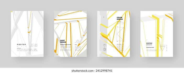 Abstract placard set, poster, flyer, banner, blank, document. Colorful illustration on vertical A4 format. Broken form. Cracked figure. 3d iceberg shapes composition.