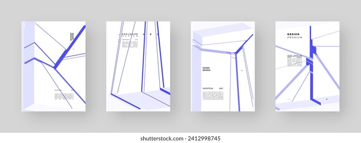 Abstract placard set, poster, flyer, banner, blank, document. Colorful illustration on vertical A4 format. Broken form. Cracked figure. 3d iceberg shapes composition.