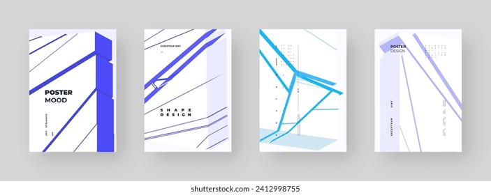 Abstract placard set, poster, flyer, banner, blank, document. Colorful illustration on vertical A4 format. Broken form. Cracked figure. 3d iceberg shapes composition.
