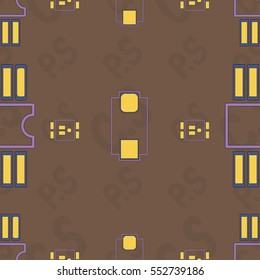 Abstract placement of components (geometries, cells) with violet silkscreen and yellow pads on brown background with lettering "C.S, P.S" (COMPONENT SIDE, PRINT SIDE). Abstract pcb design.