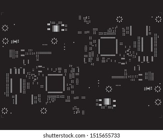 abstract placement of solder mask for components (IC CHIP). grey for solder paste PCB components on black background

