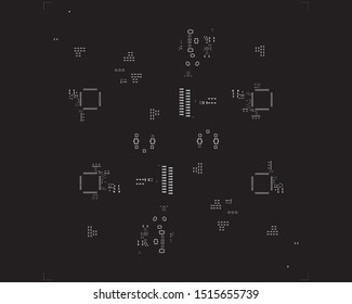 abstract placement of solder mask for components (IC CHIP). grey for solder paste PCB components on black background
