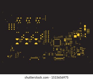 abstract placement of solder mask for components (IC CHIP). yellow for solder paste PCB components on black background

