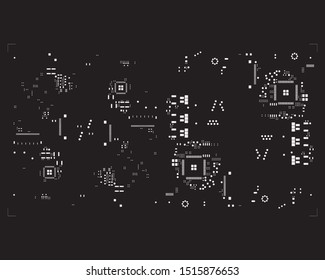 abstract placement of solder mask for components (IC CHIP). white for solder paste PCB components on black background
