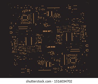 abstract placement of solder mask for components (IC CHIP). Orange for solder paste PCB components on black background