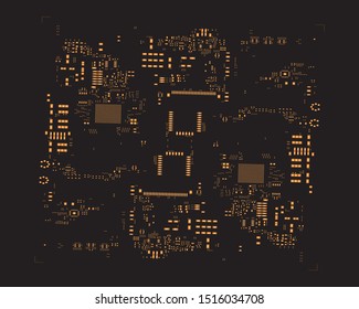 abstract placement of solder mask for components (IC CHIP). Orange for solder paste PCB components on black background
