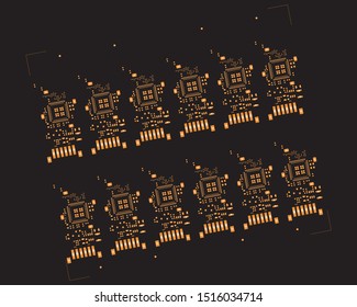 abstract placement of solder mask for components (IC CHIP). Orange for solder paste PCB components on black background