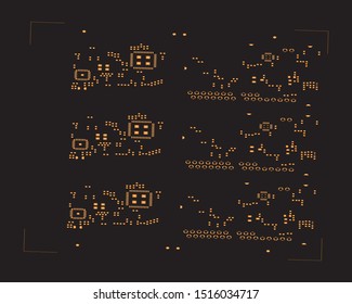 abstract placement of solder mask for components (IC CHIP). Orange for solder paste PCB components on black background