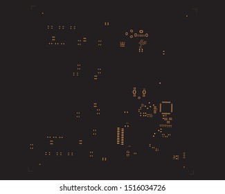 abstract placement of solder mask for components (IC CHIP). Orange for solder paste PCB components on black background