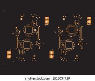 abstract placement of solder mask for components (IC CHIP). Orange for solder paste PCB components on black background
