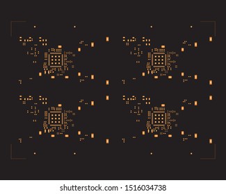 abstract placement of solder mask for components (IC CHIP). Orange for solder paste PCB components on black background