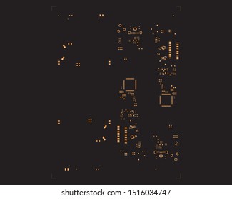 abstract placement of solder mask for components (IC CHIP). Orange for solder paste PCB components on black background